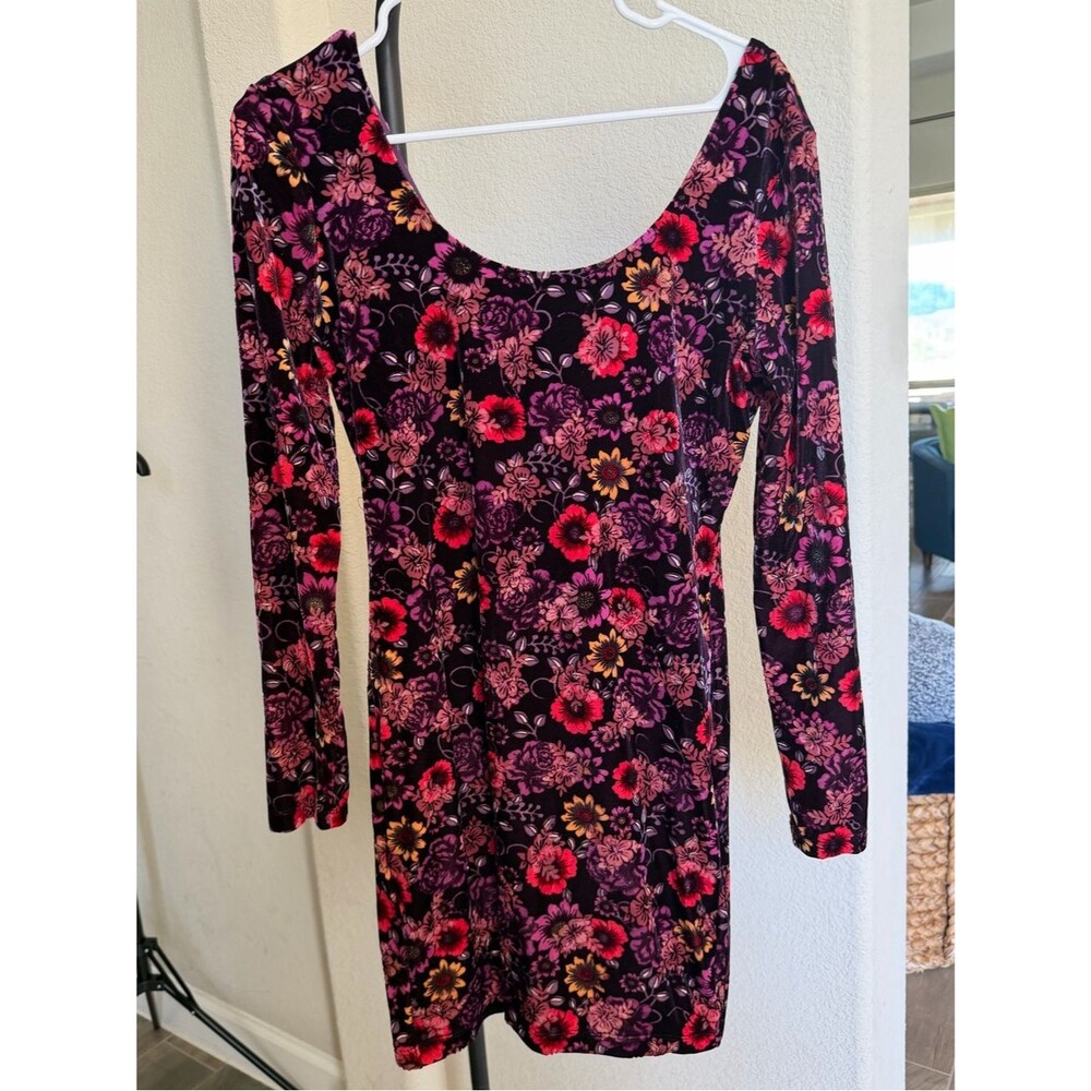 Candie's Purple Floral Scoop-Neck Mini Dress with Pink & Yellow Blooms Velvet L